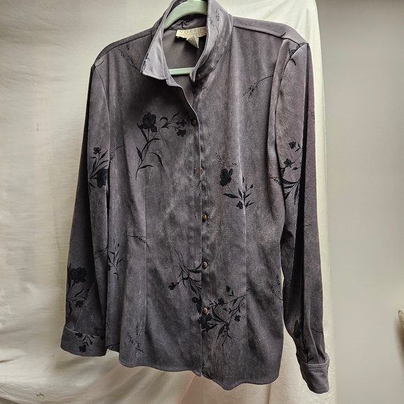 3for$25 Norton grey black printed soft velvet felt button down floral top blouse - Picture 1 of 6
